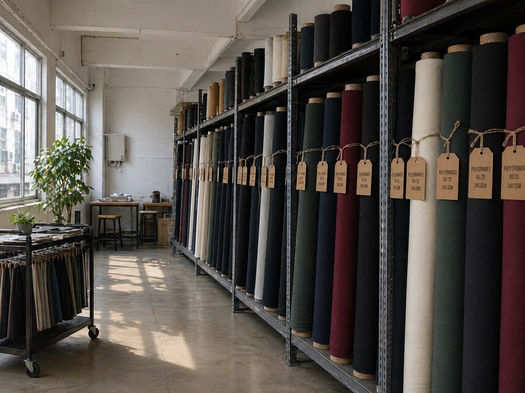 Fabric library with rolls of activewear stock fabric in 30+ colorways tagged by composition and GSM