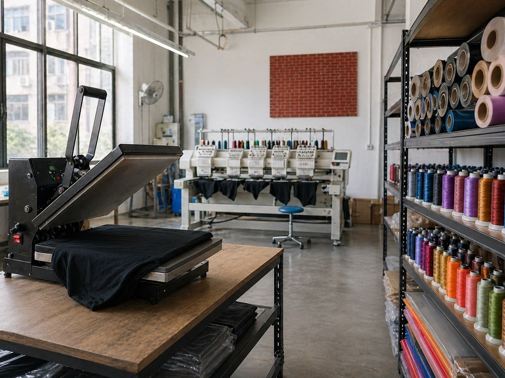 In-house logo printing room with heat press, embroidery machine and thread shelves