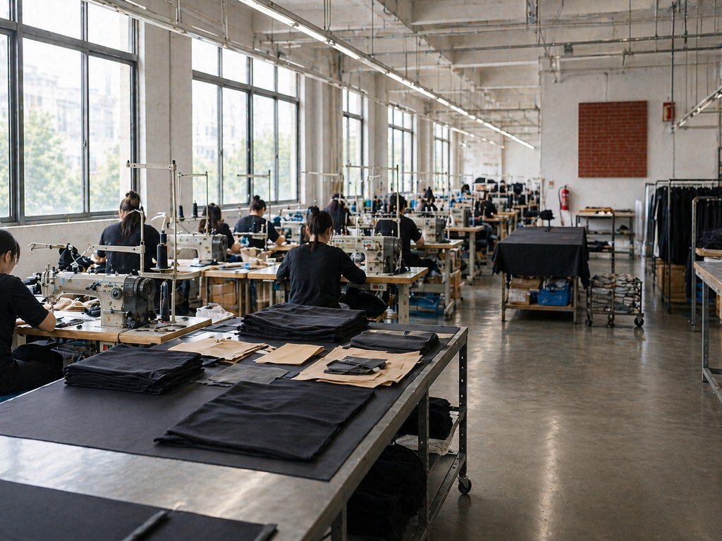 Main workshop with rows of industrial sewing machines and production staff