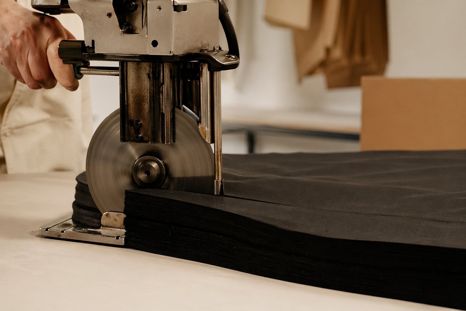 Fabric being cut to pattern on a cutting table