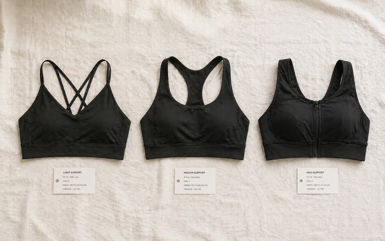 Private label sports bra development — three support levels