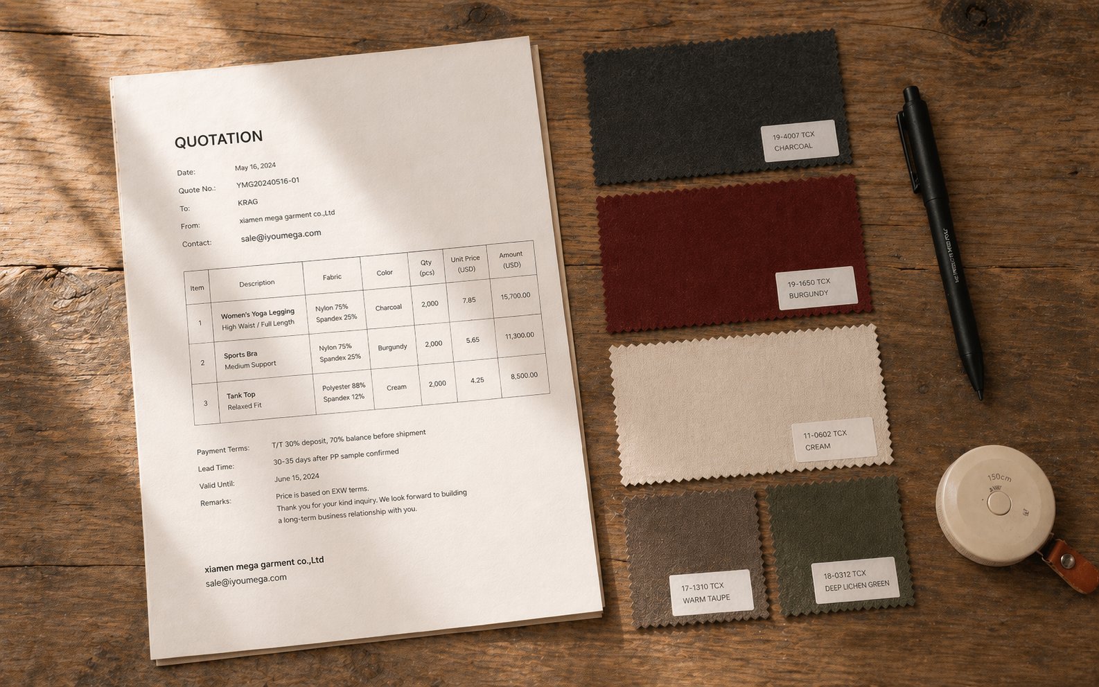 Quotation document with fabric swatches and Pantone color options