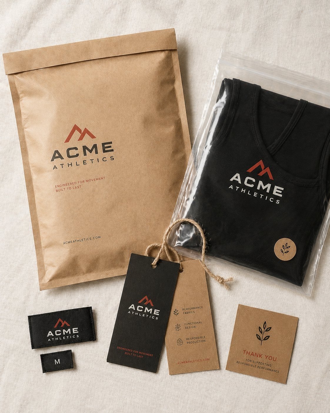 Custom kraft packaging with hangtags and woven labels