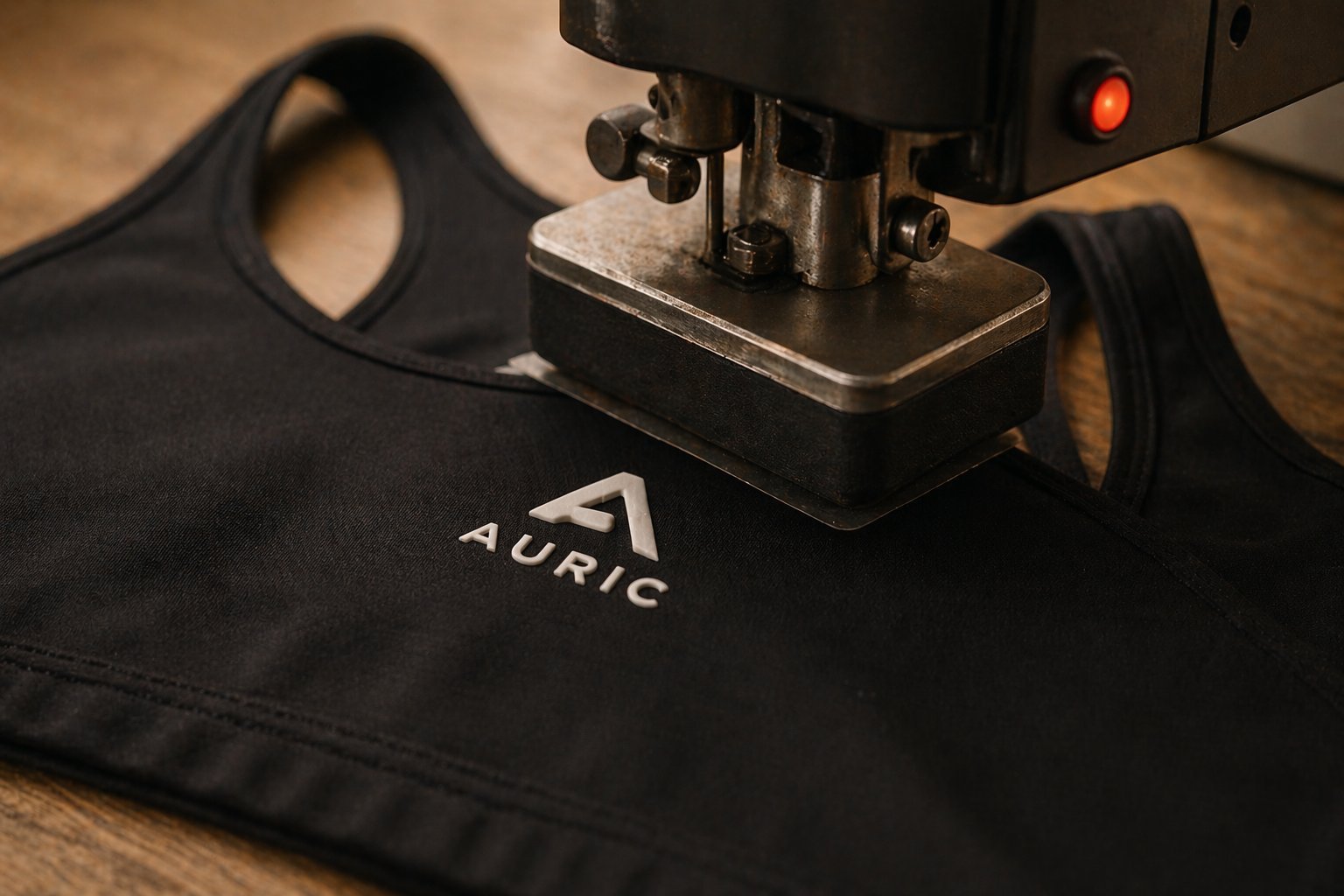 Raised silicone logo print on a black fabric panel