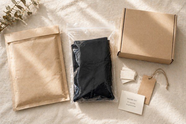 Private label activewear packaging components flat lay