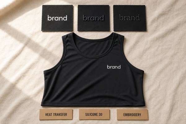 Custom logo activewear methods — heat transfer, silicone, embroidery