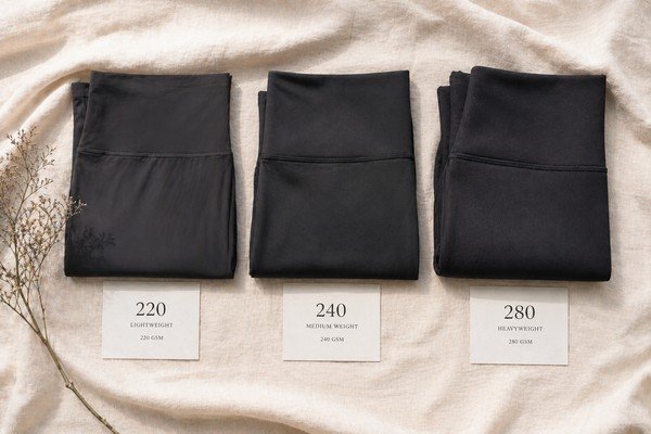 Comparison of 220, 240 and 280 GSM legging fabric swatches